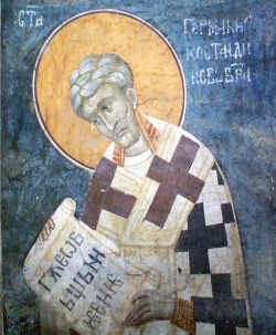 Свт. Герман Константинопольский. Фреска (1318 г.) Благовещенской церкви монастыря Грачаница, Косово, Сербия