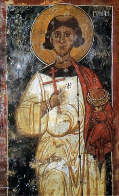 Прп. Роман Сладкопевец. Фреска (1327-1328 г.) в храме Архангела Михаила, Каваллариана, Крит