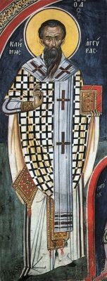 Сщмч. Климент Анкирский. Фреска (1547 г. Автор Зорзис Фука). Афон, монастырь Дионисиат