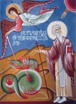 По молитве прп. Давида Гареджийского ангел изгоняет змея из Гареджийской пустыни. Фреска