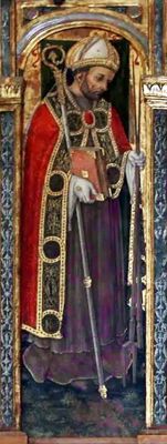 Сщмч. Васс Никеанский. Западная икона (левая часть "Триптиха со святым Бассо", автор Витторио Кривелли или Карло Кривелли, ок. 1435-1440 гг.). Католический храм Санта-Мария-ин-Кастелло в Купра-Мариттима, Италия