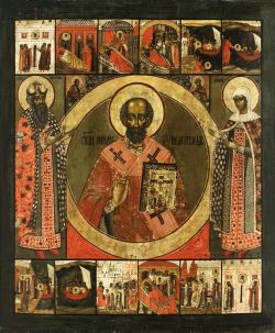 Свт. Николай Чудотворец Дворищенский, с предстоящими блгв кн. Мстиславом и кнг. Анной Новгородскими. Новгородская икона (1-я треть XVIII в.). Музей "Дом Иконы и Живописи имени С. П. Рябушинского", Москва