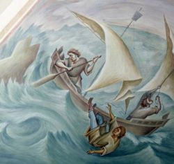 Отрок Аркадий, сын императора Феодосия, выпавший во время шторма с корабля. Роспись зала братских собраний (Синодикон) монастыря Ватопед. (Иконоп. И. Лапин, С. Егоров)