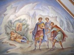 Отрок Аркадий, выброшенный волнами и найденный живым. "Куст отрока".  Роспись зала братских собраний (Синодикон) монастыря Ватопед. Иконоп. И. Лапин, С. Егоров