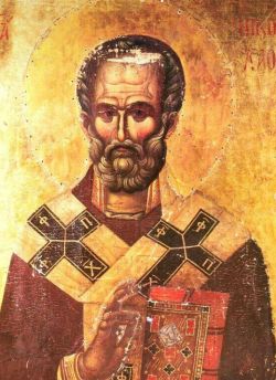 Свт. Николай Мирликийский. Изображение на оборотной стороне иконы Божией Матери "Троеручица". Мон-рь Хиландар, Афон. Ок. 1350 г.