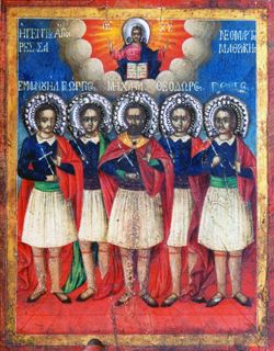 Мчч. Эммануил, Георгий, Михаил Киприот, Феодор и Георгий Самофракийские. Греческая икона (ок. 2-й пол. XIX в.)