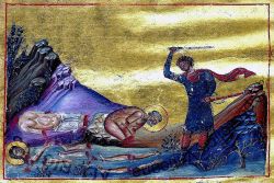 Мученичество свв. Галактиона и Епистимии. Миниатюра из Минология Василия II (976–1025 гг.) (Апостольская библиотека Ватикана, Vat. gr. 1613. Fol. 161).