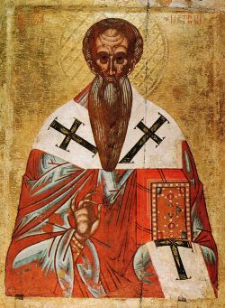 "Свт. Иоанн Милостивый" (из церкви Рождества Иоанна Предтечи в деревне Щупоголово (Лужский район, Ленобласть)), нач. XVI в., 79,5 × 58,2 × 3 см. (ГРМ)