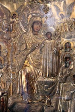 Икона "Всецарица" (Пантанасса) из Мистры. Монастырь "Панагия Пантанасса" в руинированном византийском городе Мистра, близ города Спарта на Пелопоннесе, Греция. (фрагмент)