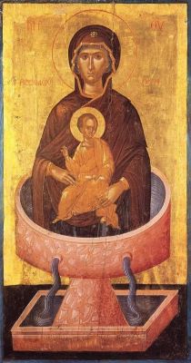 Икона Божией Матери "Живоносный Источник" Иконописец Ангелос Акотантос. Критская школа. (77 х 40 см.), Середина XV в. Монастырь Одигитрии Месарас, о. Крит. Греция