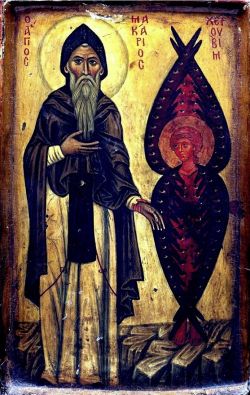 Херувим ведёт прп. Макария Великого в Рай, взяв его за руку. Византийская икона. Синай, Монастырь Св. Екатерины