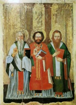 Свтт. Василий Великий, Григорий Богослов и Иоанн Златоуст. Белорусская икона ("Шерешёвский мастер", ок. 1760 г.) из Пречистенской церкви пос. Шерешёво Брестской обл. Национальный художественный музей Республики Беларусь