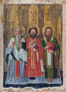 Свтт. Василий Великий, Григорий Богослов и Иоанн Златоуст. Белорусская икона ("Шерешёвский мастер", ок. 1760 г.) из Пречистенской церкви пос. Шерешёво Брестской обл. Национальный художественный музей Республики Беларусь