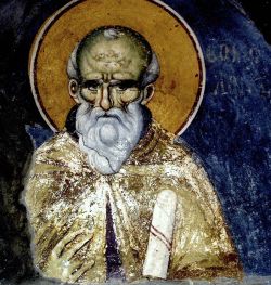 Прп. Максим Исповедник. Фреска (кон. XIII в., автор Мануил Панселин) в храме Протата в Карее, Афон