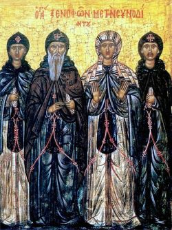 Прпп. Ксенофонт Константинопольский с дружиною [женой Марией, сыновьями Аркадием и Иоанном]. Греческая икона (фрагмент?)